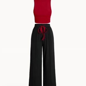 High-Waist Wide Leg Jumpsuit Pants with Red Drawstring 2 piece